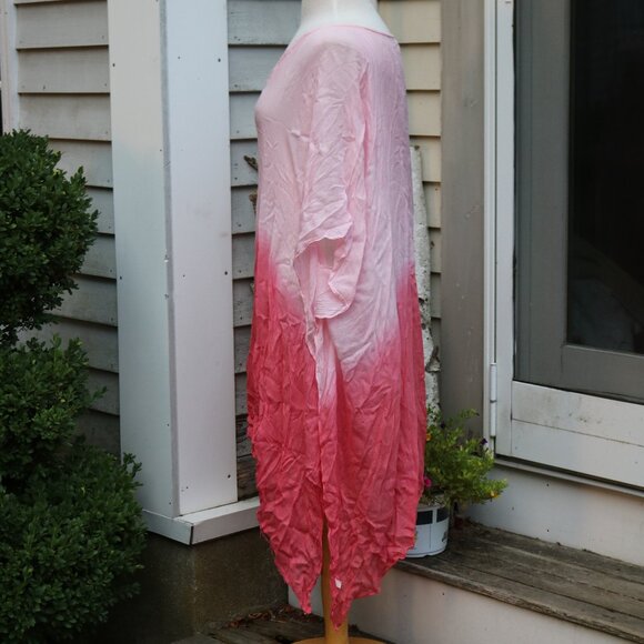 Pink Coral Ombre Viscose Short Sleeve V-Neck Long Shark Bite Hem Beach Coverup - Picture 3 of 7